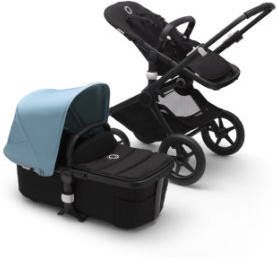 Bugaboo Fox 2 kinderwagen/stoel/reiswieg, zwart frame/zwarte stof /vapor blue zonnekap