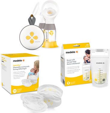 Medela Borstvoedingsset Elektrische dubbele borstkolf Swing Maxi, moedermelkzakjes 50 stuks 180 ml, wegwerpbare zoogkompressen 60 stuks.