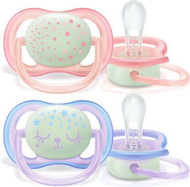 Philips Avent Ultra Air Fopspeen Night 0 6 mnd Roze/Paars met Opdruk 2 stuks