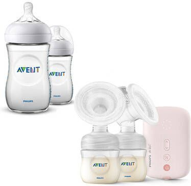Philips Avent starterset met elektrische dubbele borstkolf SCF397/11, bewaarsysteem voor babyvoeding SCF721/20 en babyflessen Natural 2x 260 ml SCF033/27