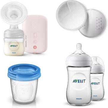 Philips Avent startset, inclusief borstkolf SCF395/11, wegwerpzoogkompressen SCF254/61, opbergsysteem SCF618/10, Natural fles SCF033/27.